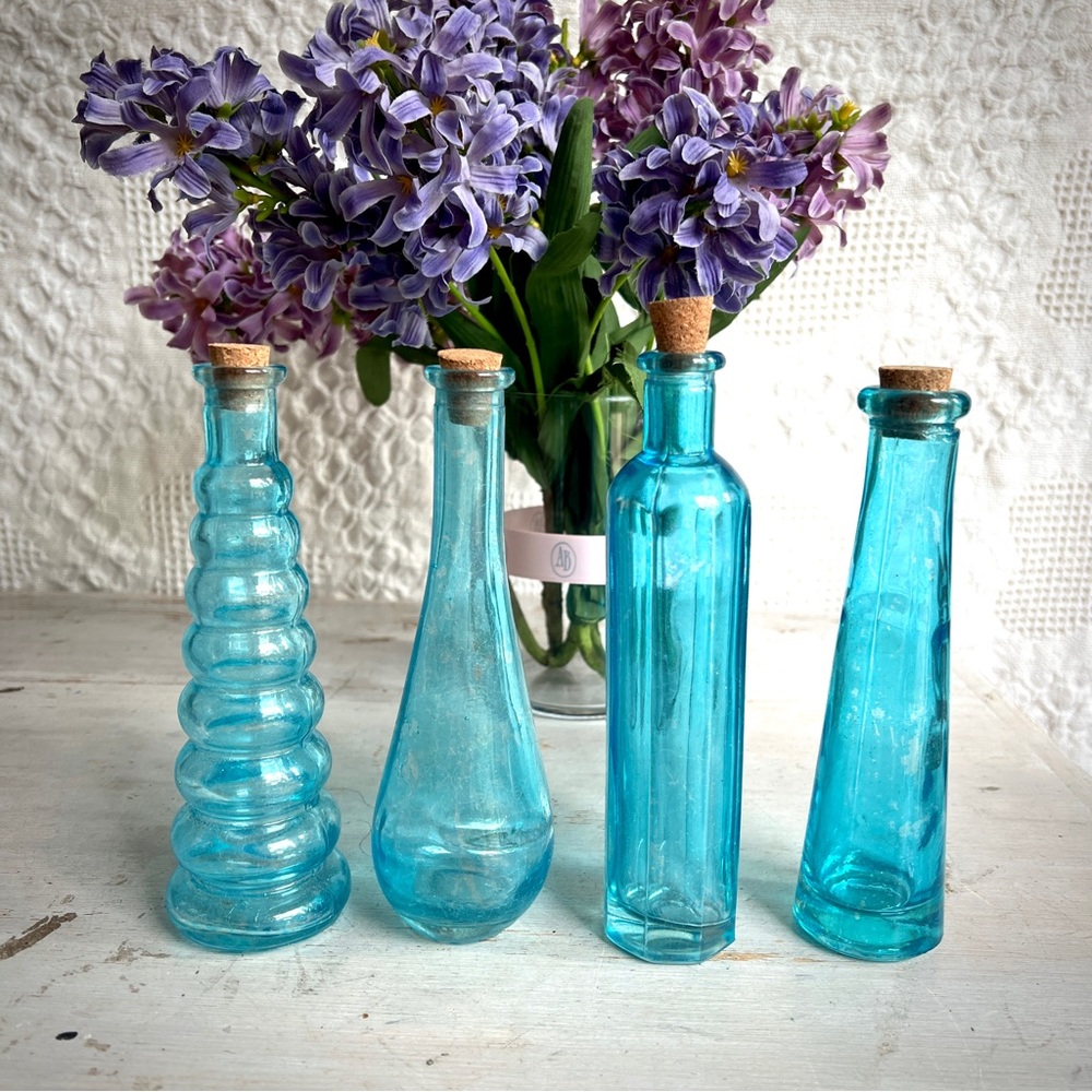 70s VINTAGE Aqua Glass Bottles Table Decor Wedding Birthdays Showers $29 each
